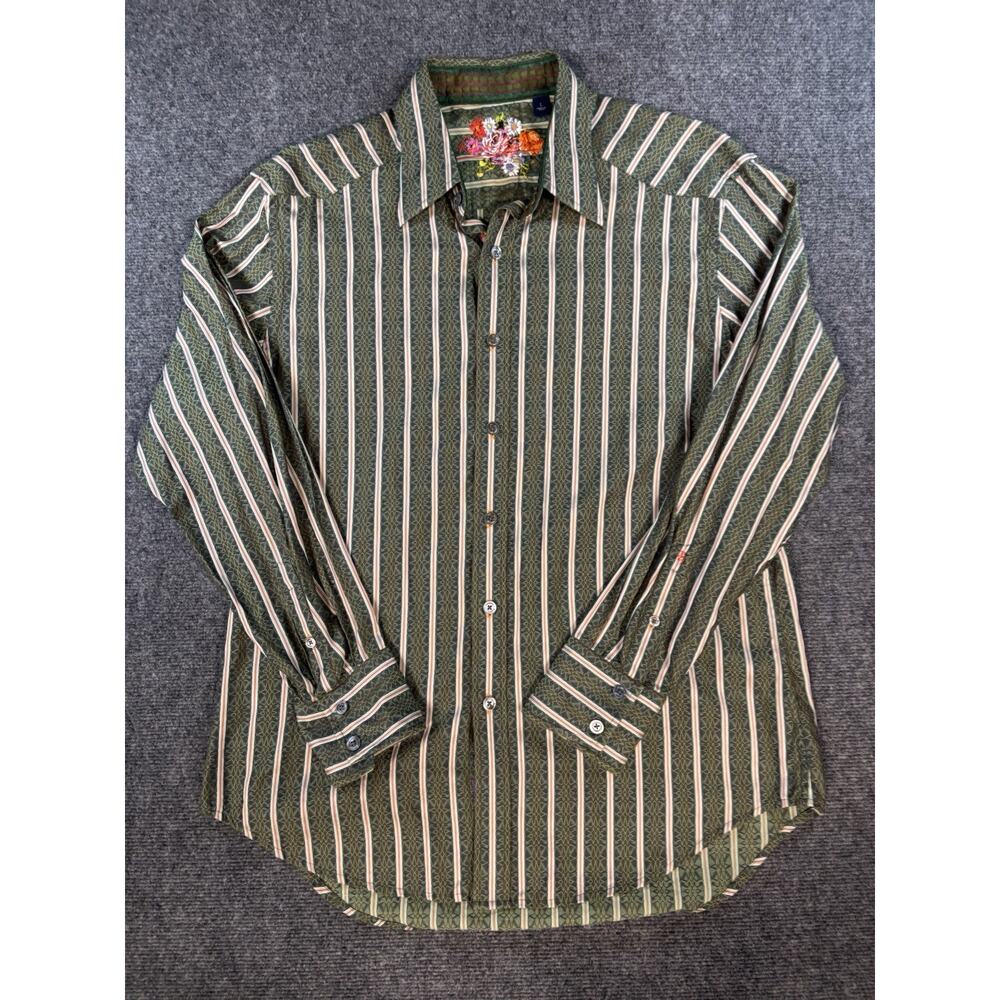 Robert Graham Men's Large Long Sleeve Striped Floral Flip Cuff Button Up Shirt